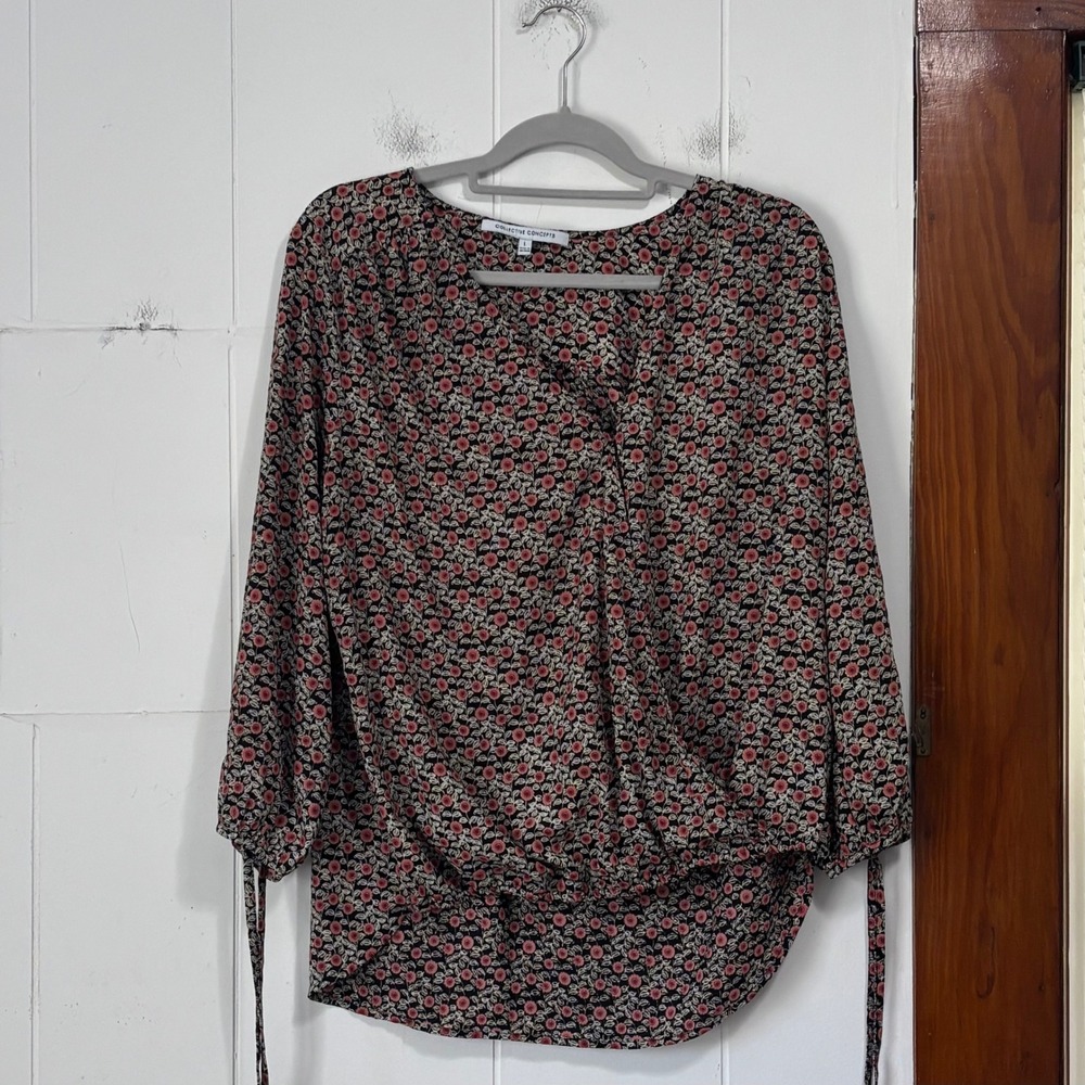 Collective Concepts Floral Surplice Blouse 3/4‎ Sleeve Tie Cuff Black Pink L
